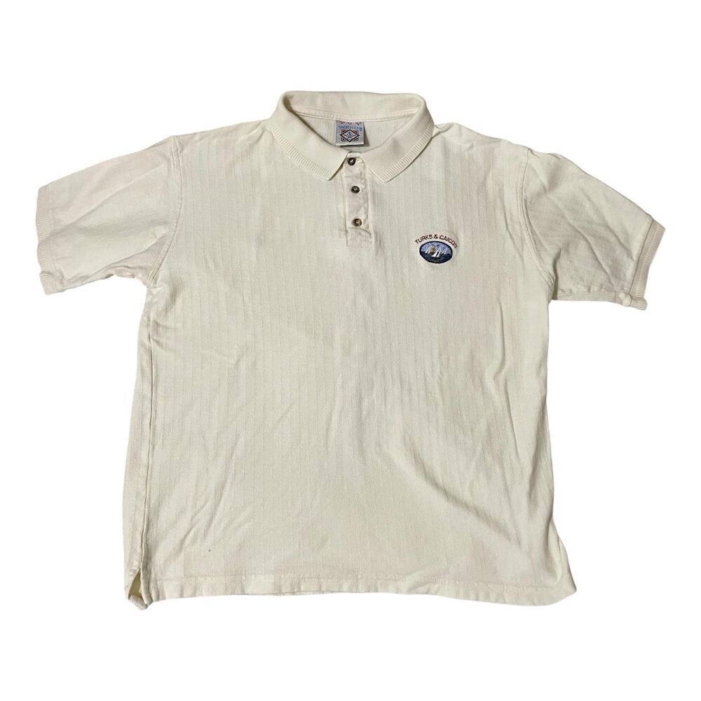 Vintage Yacht Club Polo Shirt Size Large Cream Turks Caicos Tourist Logo 80s 90s